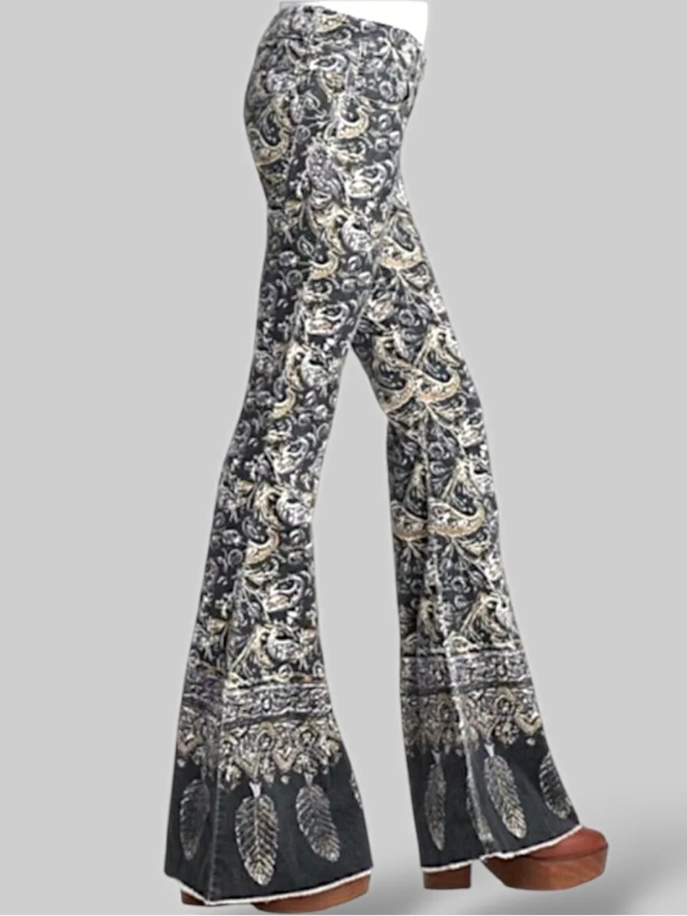 Free People Black Paisley Flare Pants with Border Print - Picture 3 of 6